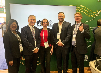 Pictured left to right: DTI's Deputy Director, Americas - Regina Johnson, DTI's Chief Executive, David Reynolds, DTI's Business Development Manager, Medical - Sandra Hack, DTI's Director, Medical - Mark Wheeler, and DTI's Director, Americas - Stuart Nutting at the Australia stand at the BIO 2023 Conference in Boston.